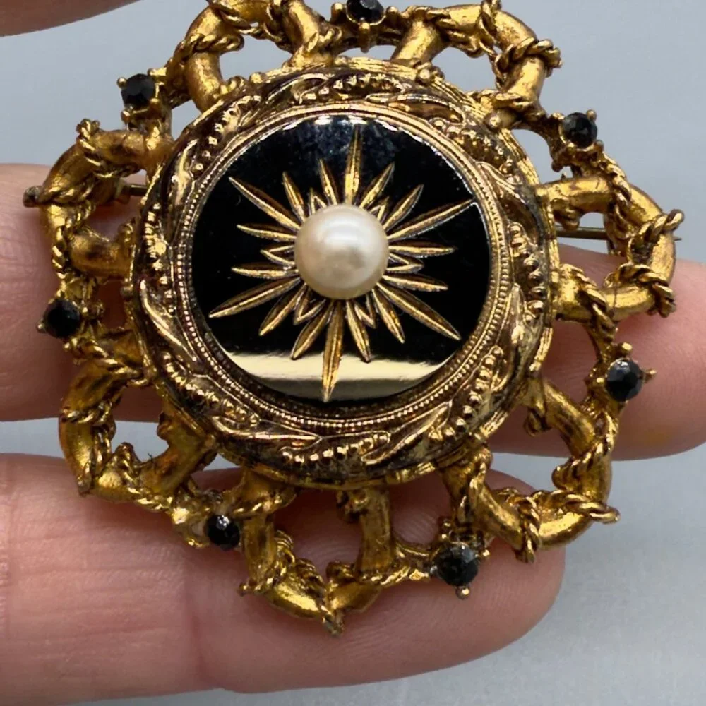 Vintage LJM Victorian Revival Black Glass Faux Pearl Starburst Brooch Signed